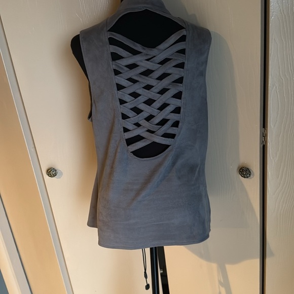 Gray Women's Motorcycle Harley Biker Vest with Lace-Up Sides and Cut Out Back - Picture 3 of 6